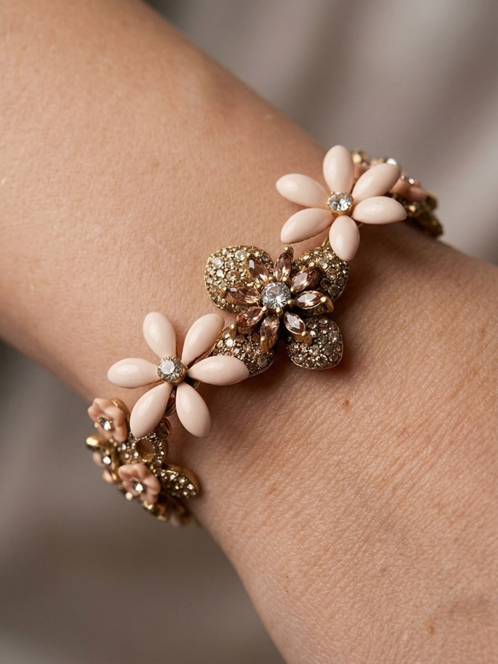 Delicate Pink Floral Crystal Bracelet gold plated